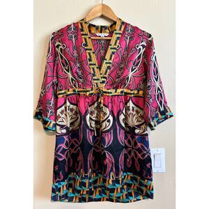 CAbi Chelsea Erte’ Small 100% Silk Top Tunic Long Sleeve Colorful Print V-neck